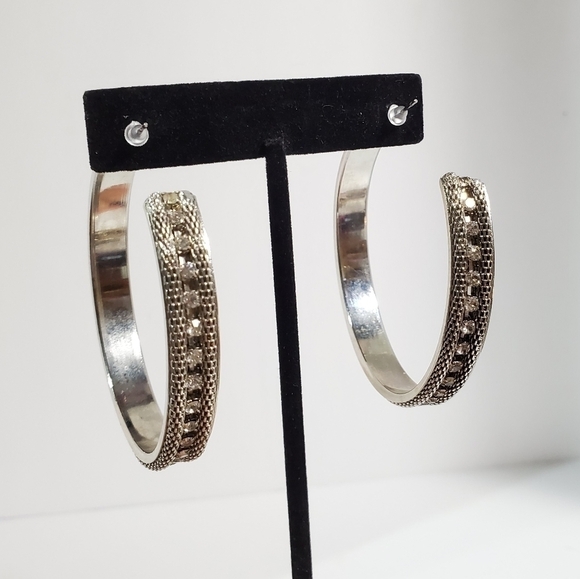 Silvertone large mesh and rhinestones inlay hoop bangle earrings 2" - Picture 7 of 10